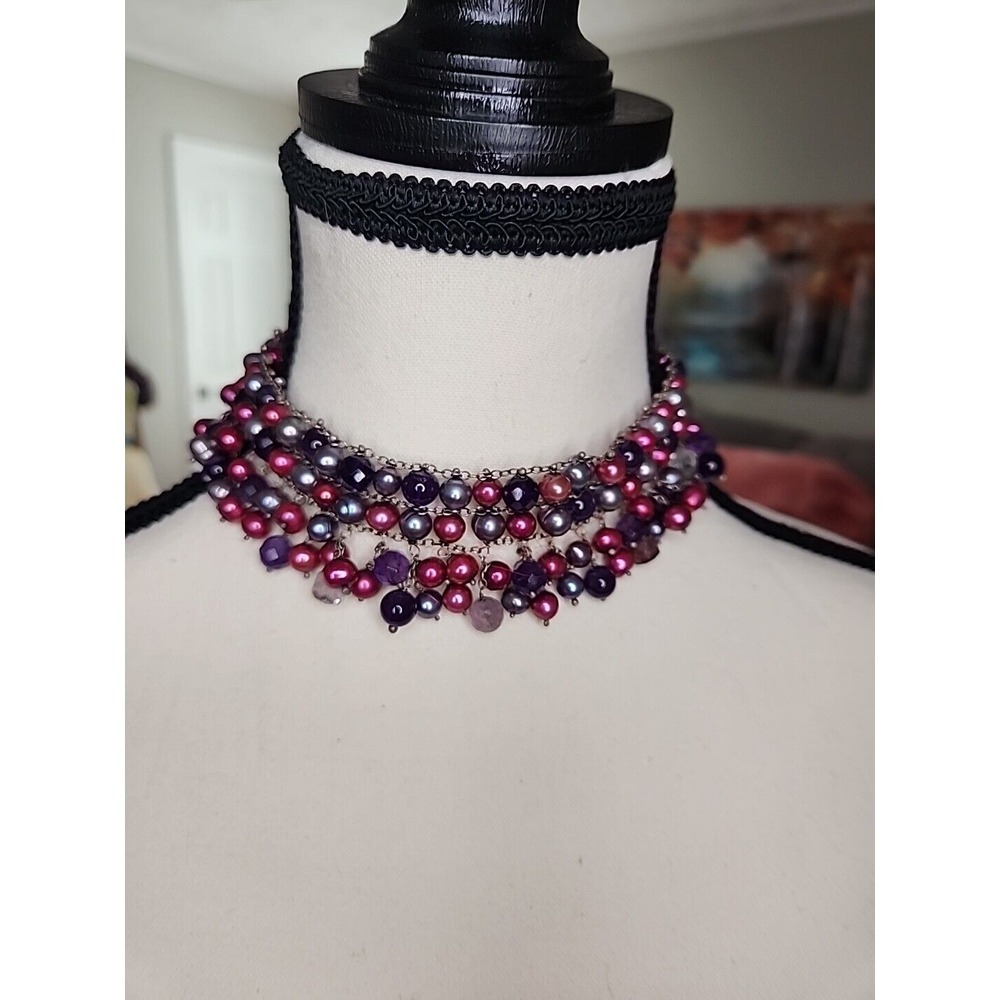 Purple Burgundy Faux Pearl Beaded Multi Strand Bib Choker Necklace Gunmetal Tone - Picture 2 of 5